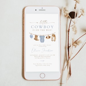 Modello di invito per baby shower da cowboy, invito digitale per baby shower, invito con testo per baby shower, inviti elettronici per baby shower, stendibiancheria, CLINT
