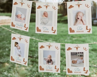 First Birthday Photo Banner, Western 1st Birthday Photo Banner, Cowboy Monthly Milestone Photo Cards, Gender Neutral Photo Cards WYNONA