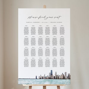 Modello di schema dei posti a sedere di CHICAGO, poster dei posti a sedere per matrimoni con skyline di Chicago in acquerello, download immediato, destinazione dei posti a sedere di Chi Town stampabile