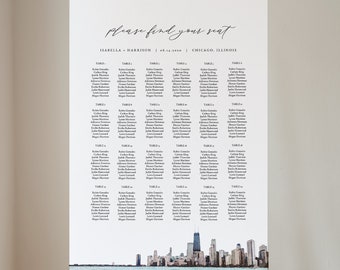 CHICAGO Seating Chart Template, Watercolor Chicago Skyline Wedding Seating Poster Instant Download, Printable Chi Town Seating Destination