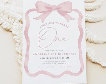 Plantilla de invitación para primer cumpleaños con lazo rosa de ANGELINA, invitación de cumpleaños de Girls Just Wanna Be One, invitación ruborizada para primer cumpleaños, bricolaje digital de Evite