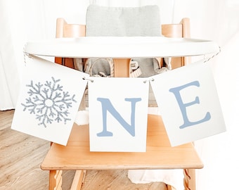 Plantilla de pancarta de cumpleaños RORY Blue Snowflake para UN cumpleaños, pancarta imprimible para silla alta, cumpleaños de Winter Onederland, Navidad, diciembre