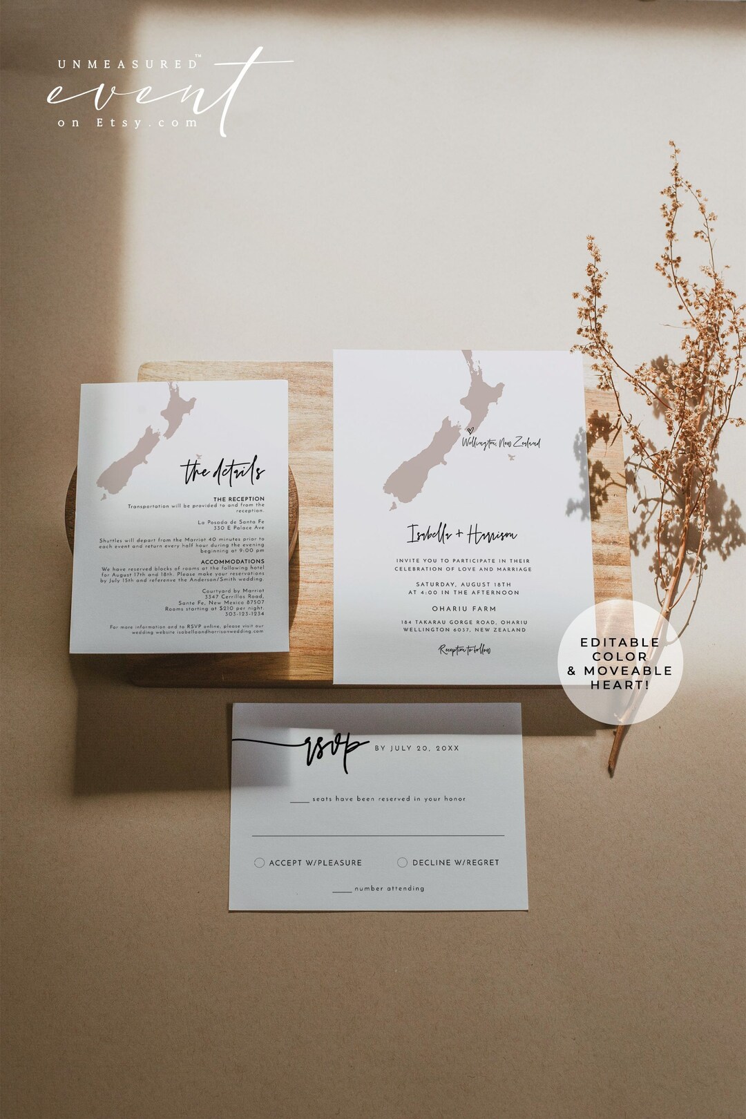 QUINN New Zealand Wedding Invitation Template Suite, EDITABLE New ...