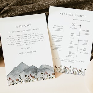 Modèle de carte d'événements de mariage HEIDI, note de sac de bienvenue de mariage, calendrier des événements de mariage imprimable, calendrier de mariage de montagne de fleurs sauvages bohème