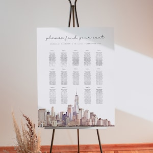 NEW YORK CITY Seating Chart Template, Watercolor Nyc Skyline Wedding Seating Poster Instant, Printable New York Wedding Seating Chart Sign