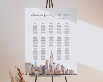 NEW YORK CITY Seating Chart Template, Watercolor Nyc Skyline Wedding Seating Poster Instant, Printable New York Wedding Seating Chart Sign