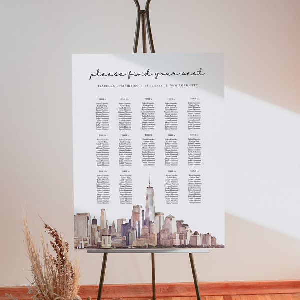 NEW YORK CITY Seating Chart Template, Watercolor Nyc Skyline Wedding Seating Poster Instant, Printable New York Wedding Seating Chart Sign