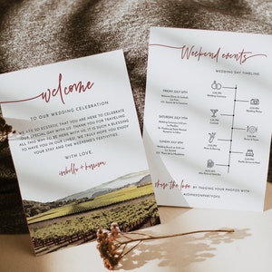 Plantilla de cronograma de boda DEMI, carta de bienvenida de boda en bodega, cronograma de iconos de boda, orden de servicio de boda en Wine Country, horario de Napa