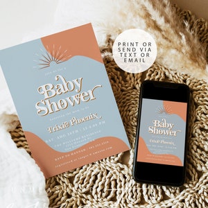 Boy Baby Shower Invitation Template, 70&#39;s Themed Baby Shower, Retro Baby Shower Invite, Eclectic Baby Shower Funky 70&#39;s Invite Evite TRIXIE
