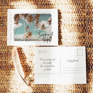 SOPHIA Tropical Save the Date-sjabloon, strand bewaar deze datum, palmboom bewaar deze datum afdrukbaar, bestemming bewaar deze datum-briefkaart direct