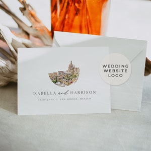 Logotipo do site de casamento SAN MIGUEL de Allende, logotipo do casamento em aquarela San Miguel Skyline, modelo editável para download instantâneo, casamento no México