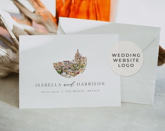 Logotipo para sitio web de bodas en San Miguel de Allende, plantilla editable de descarga instantánea con el horizonte de San Miguel en acuarela, boda en México