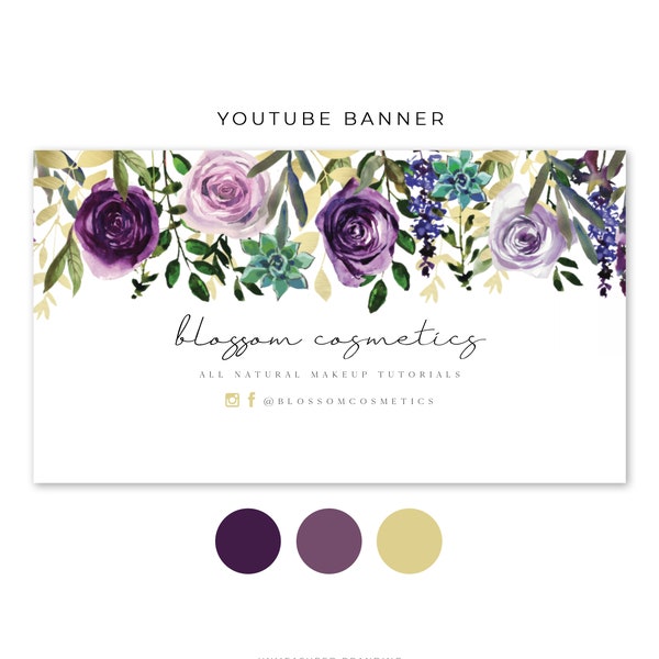 OLIVIA | Purple Floral YouTube Banner Template, Succulent YouTube Channel Art Instant Download, Botanical YouTube Branding, YouTube Banner