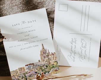 Postal de reserva de fecha en SAN MIGUEL de Allende, imprimible de reserva de fecha en México, reserva de fecha en el horizonte, boda de destino en acuarela de Evite