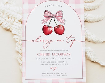 Cherry Baby Shower Einladung Vorlage, Sie ist die Kirsche auf Top-Babyparty einladen, Kokette Bogen Kirsche Baby einladen, Mädchen-Babyparty CHERRI