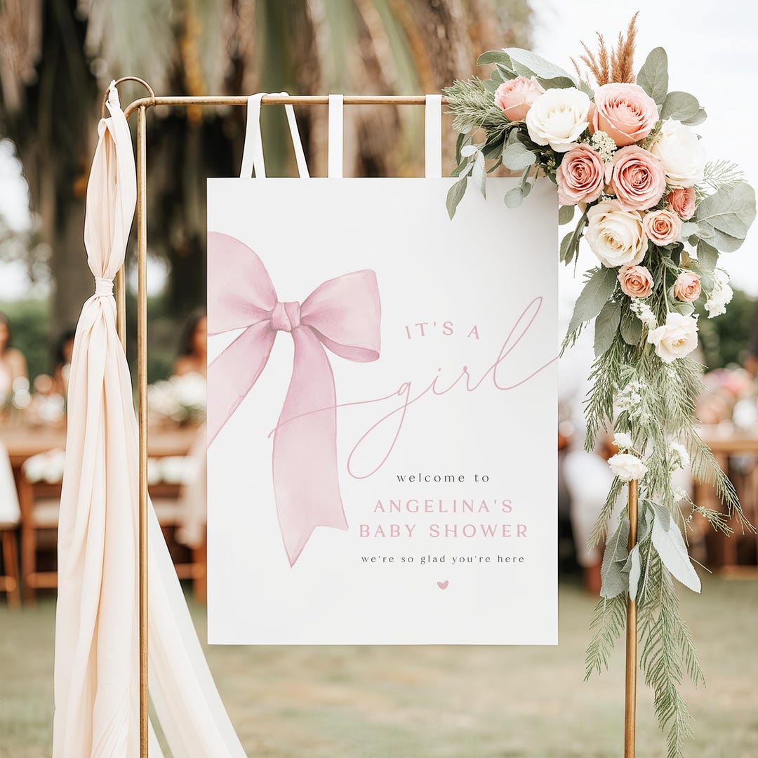 ANGELINA Pink Bow Baby Shower Welcome Sign Template, Printable Girl ...