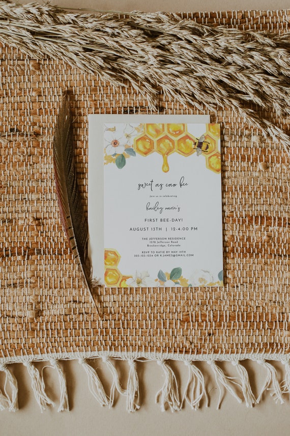 ROMY Floral Bee Birthday Invitation Template, Bumble Bee Birthday Invitation, First Birthday Invitation Girl, Honeycomb Birthday Invite