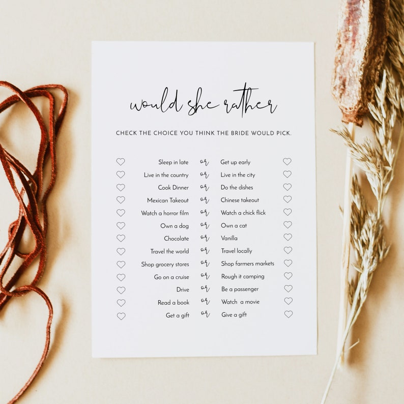 PRINTED + SHIPPED Would She Rather Bridal Shower Game, Bridal Shower Game Cards, Modern Minimalist Bridal Shower, Engagement Games ADELLA afbeelding 2