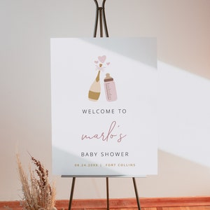 ANDI Blush Baby Shower Welcome Sign Template, Poppin&#39; Bottles Baby Shower Sign Printable, Pink Baby Shower Champagne and Milk Printable DIY