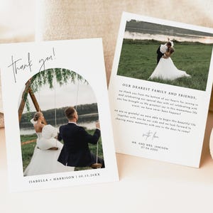 Modèle de carte de remerciement mariage, modèle de note de remerciement photo mariage moderne, Boho Arch Photo Merci, cartes de remerciement imprimables HARLOW
