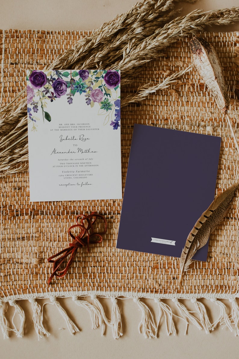 OLIVIA Succulent Wedding Invitation Suite Templates, Purple Wedding Invitation, Boho Wedding Invites, Desert Wedding Invitation Templett image 2