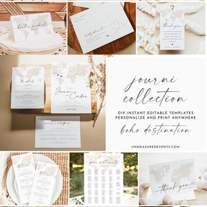 Pacchetto matrimonio JOURNI, kit invito matrimonio a destinazione, modelli di cartelli matrimonio a tema viaggio, suite invito matrimonio mappa del mondo fai da te
