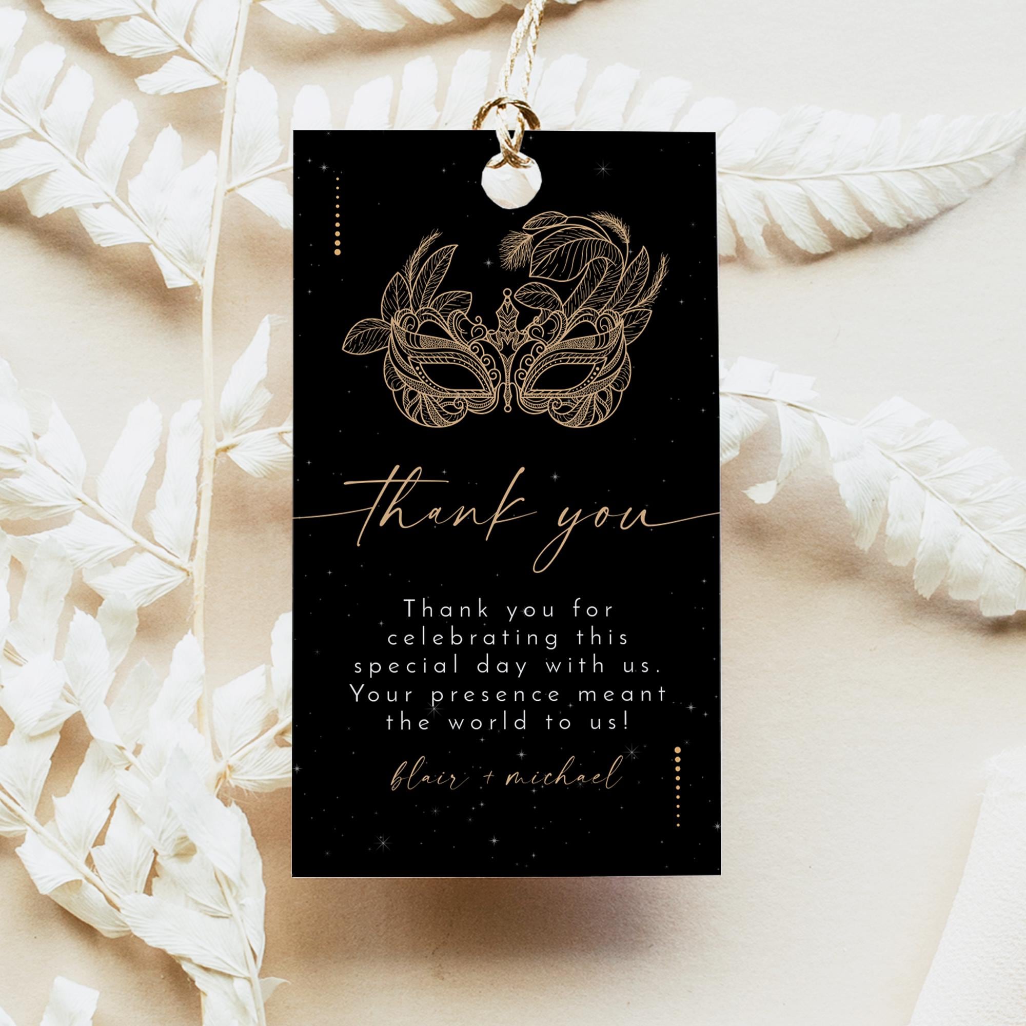 Masquerade Party Gift Tag Template, Printable Gift Tags, Black and Gold Masked Ball Thank You Favor Tag Editable, New Years Eve Tags CELINE