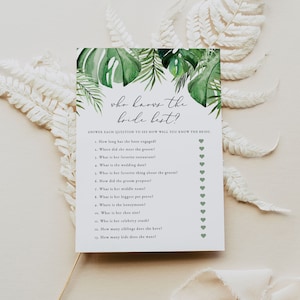 Who Knows the Bride Best Bridal Shower Game, Tropical Bridal Shower Games, Printable Bridal Shower Games, Palm Leaf Luau Island Beach CORA