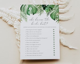 Who Knows the Bride Best Bridal Shower Game, Tropical Bridal Shower Games, Printable Bridal Shower Games, Palm Leaf Luau Island Beach CORA