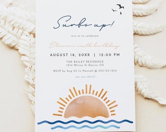 OCEANSIDE Surf Birthday Invitation Template, Surf's Up Birthday Invite, California Ocean Sunset Birthday Invite Templett Printable DIY