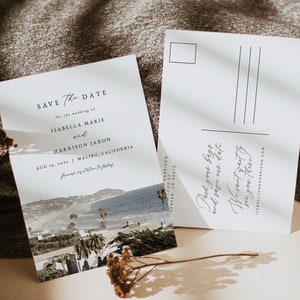 Modèle « Save the Date » MALIBU, carte postale « Save the Date » en Californie, « Save the Date » sur la côte de Malibu, « Save the Date » aquarelle sur la côte du Pacifique à faire soi-même