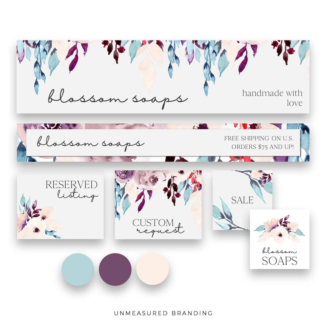 Purple and Teal Floral Etsy Shop Branding Kit Templates, Bohemian