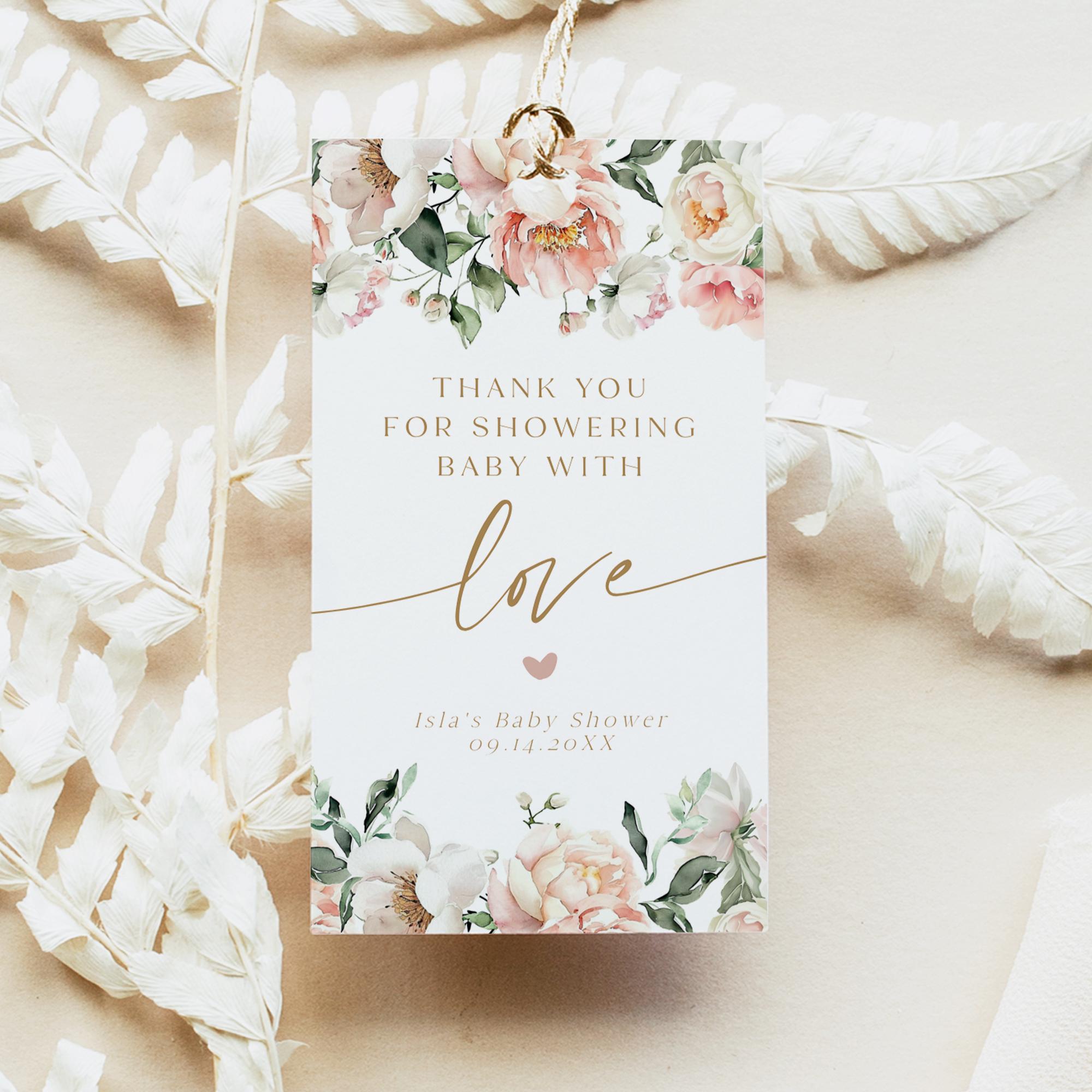 Blush Favor Tag Template, Printable Pink Floral Thank You Tag for Baby ...
