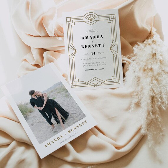 Art Deco Wedding Invitation Template, Gold Art Deco Wedding Invitation, Gatsby Wedding Invitation, Modern Art Deco Wedding Invites - DAISY