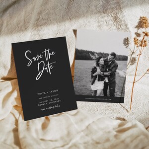 May include: A black and white wedding invitation suite featuring a "Save the Date" card with white script and details for Priya and Jason's wedding in Denver, Colorado. A black and white photo card is also included.