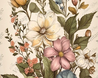 May include: A vintage illustration of a bouquet of flowers. The bouquet includes white, yellow, pink, and blue flowers with green leaves. The background is a cream color with a vintage pattern.