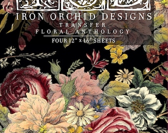 Puede incluir: Un fondo negro con un diseño floral con flores rojas, rosas, blancas y amarillas. El texto "IRON ORCHID DESIGNS TRANSFER FLORAL ANTHOLOGY FOUR 12" x 16" SHEETS" está impreso en blanco.