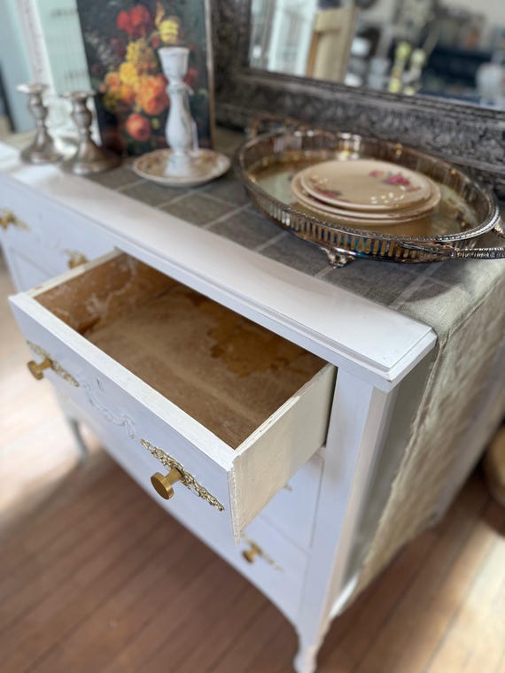 Antique Dresser - Shabby Chic White Linen With Vintage Gold Hardware - Etsy