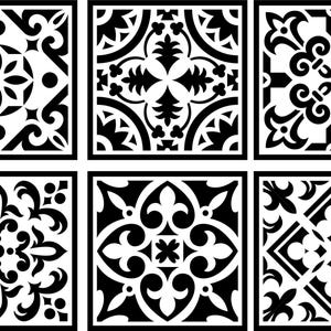 May include: Six black and white square tiles with intricate geometric patterns. The tiles have a traditional Spanish or Moroccan design.