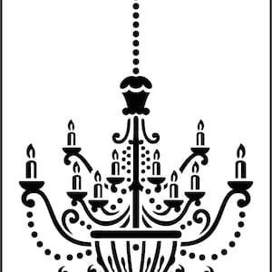 May include: Black and white silhouette of a chandelier with a decorative design. The chandelier has a chain hanging from the top and multiple candle-like bulbs.