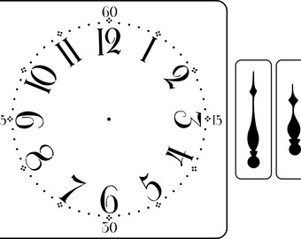May include: A black and white clock face stencil with Roman numerals and numbers 1-12. The stencil also includes markings for 15, 30, 45, and 60. Two separate stencils for clock hands are included.