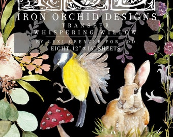May include: A black background with watercolor illustrations of a yellow bird, a brown rabbit, mushrooms, and flowers. The text "IRON ORCHID DESIGNS TRANSFER WHISPERING WILLOW" is displayed, along with "EIGHT 12" x 16" SHEETS".