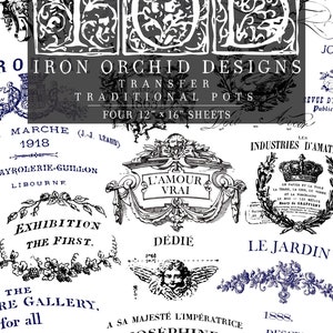 May include: A sheet of Iron Orchid Designs transfer sheets for traditional pots. The design features vintage French ephemera in black and white, including text, illustrations, and decorative elements. Each sheet measures 12 x 16 inches.