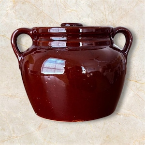 Vintage Mid-century Brown glazed stoneware bean pot with handles and lid