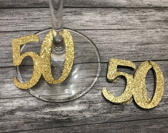 50th Glass Charms or tags x 12 Silver or Gold - fiftieth Birthday party, Decorations