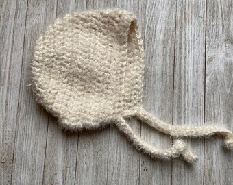 Vintage Look Fuzzy Cream Colored Baby Bonnet // Infant Sized