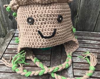 Baby Groot Guardians of the Galaxy Inspired Crocheted Hat with Tassles / Costume, cosplay, Halloween