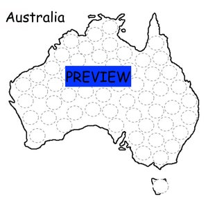 Peut inclure: Une représentation en noir et blanc du continent australien avec une grille de cercles à l'intérieur. Le mot "PREVIEW" est écrit en bleu au centre de la carte.
