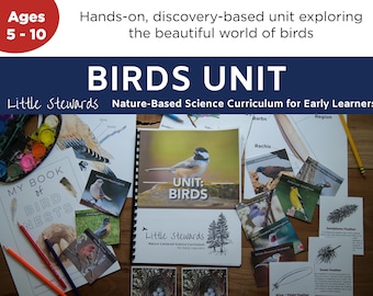 May include: A nature-based science curriculum for early learners, ages 5-10, focusing on birds. The image shows a variety of colourful learning materials, including a book titled "My Book of Bird Nests", a workbook titled "Unit: Birds", and several bird-themed flashcards.