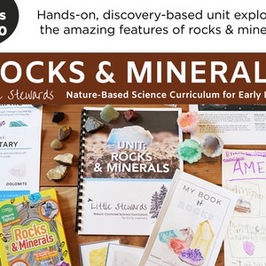 Op de afbeelding: Een verzameling stenen en mineralen voor een wetenschappelijk curriculum voor jonge leerlingen. De afbeelding bevat een boek met de titel "Eenheid: Stenen en mineralen", een boek met de titel "Mijn boek van stenen", een doos met stenen en mineralen, en een vel papier met het woord "Amethyst" erop.